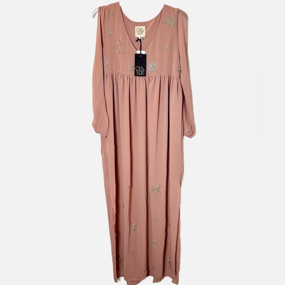 NWT Chaser Beaded Star Split Long Sleeve Pink Maxi Dress - Picture 2 of 5